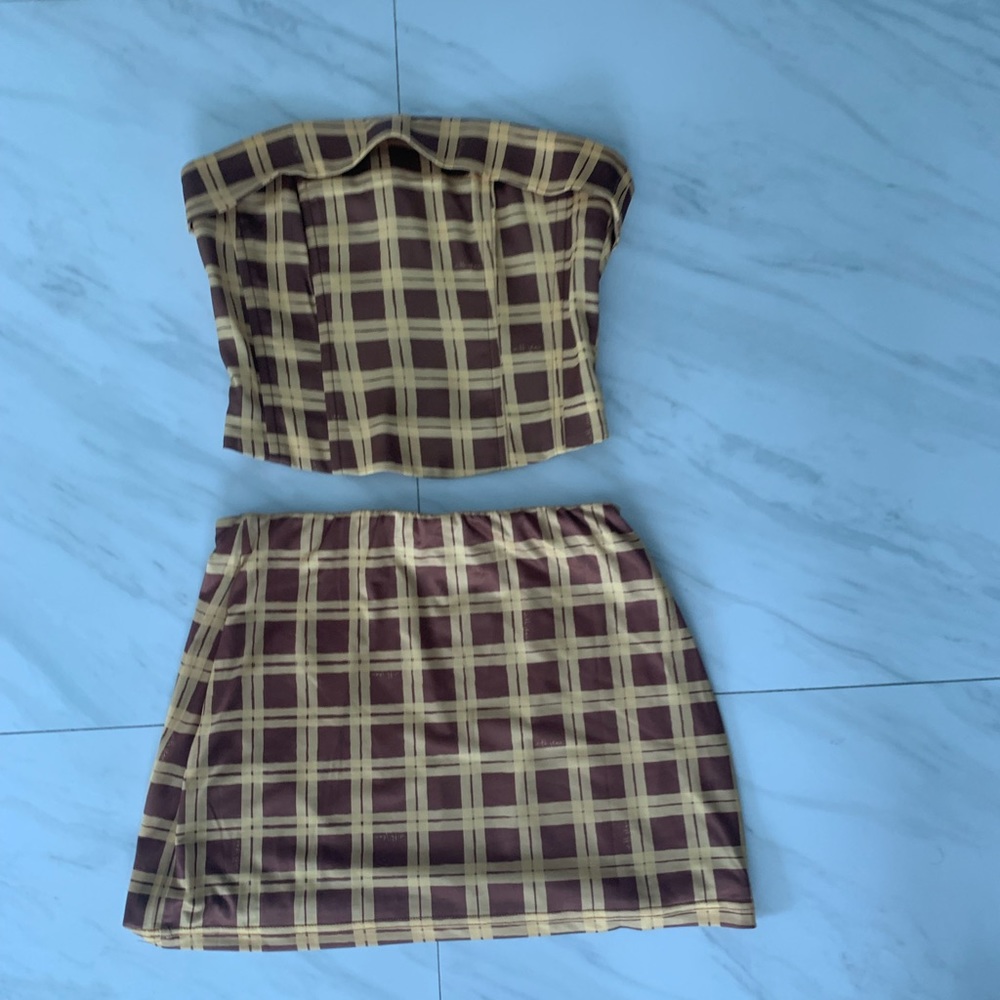 With Jean plaid corset top (xs) with matching mini skirt (s)